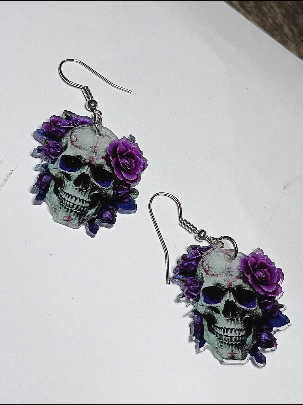 Skull & Purple Rose Dangle Earrings - Women Jewelry